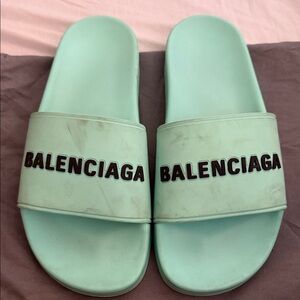 Balenciaga Mint Green Slide Sandals with Black Logo